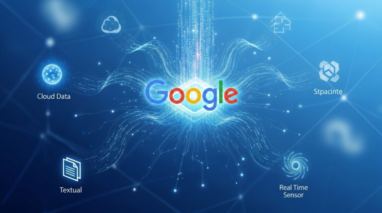 แผนภาพแสดงการทำงานของ AI Search บน Google ที่ดึงข้อมูลจาก Cloud Data, Textual Content และ Real Time Sensor มาสังเคราะห์เป็นผลลัพธ์ สำหรับการรับทำ AI Search