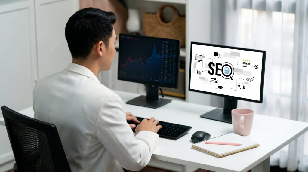 SEO Specialist กำลังวิเคราะห์ข้อมูลและอัปเกรดเว็บไซต์ให้ติดอันดับบน Google กับ SEO Agency Bangkok