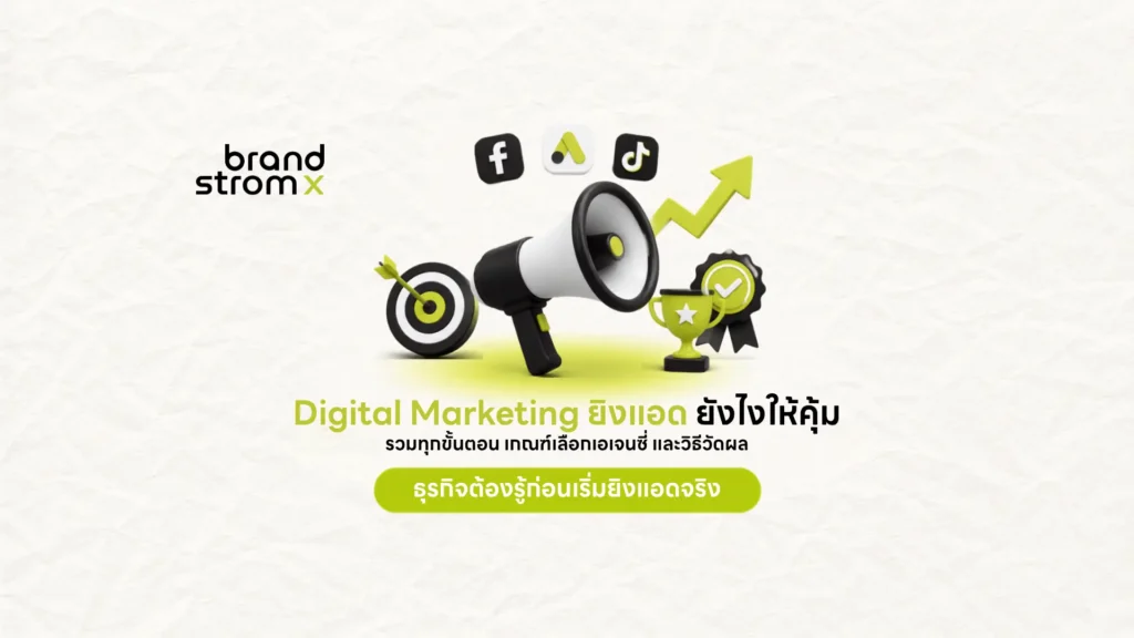 Digital Marketing ยิงแอด ยังไงให้คุ้ม ภาพปกบทความสไตล์ 3D ไอคอนเมกะโฟนสื่อถึงการยิงแอดโฆษณา